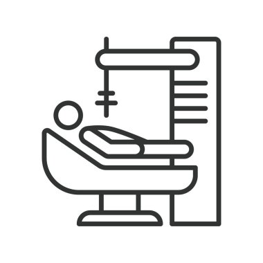 Robot cerrahi, çizgi tasarımı ikonu. Cerrahi robot, robot destekli ameliyat, tıbbi robot bilimi, robotik kol, beyaz arka plan vektöründe yüksek teknoloji. Robot cerrahi, düzenlenebilir vuruş simgesi