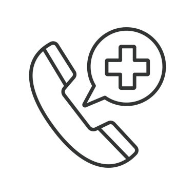 Doktor çağrısı, çizgi tasarımı ikonu. Doktor çağrısı, teletıp, video danışma, tıbbi çağrı, çevrimiçi doktor, uzaktan tanı, beyaz arka plan vektörü üzerine sanal randevu. Doktor çağırın.