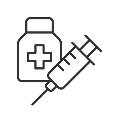 Şırınga, çizgi tasarımı ikonu. Şırınga, iğne, aşı, tıbbi, sağlık hizmetleri, beyaz arka plan vektörü şırınga ile düzenlenebilir felç ikonu aşılama