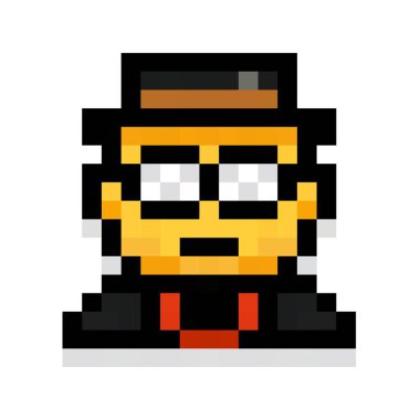 Piksel resim detektifi, şapka ve güneş gözlüklü, eski moda 8-bit tarzı bir karakter ikonu. Gizemli oyun varlıkları ve yaratıcı projeler için mükemmel.