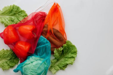 eco-bags with vegetables on a white background