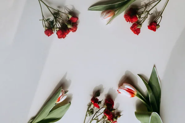 白桌子上的红玫瑰和白郁金香 — 图库照片