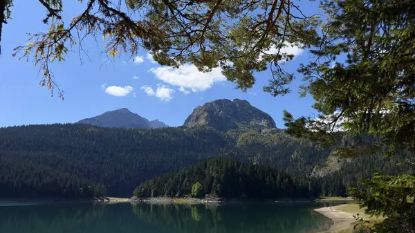 Turkuaz bir dağ gölü dik kayalık yamaçlar ve açık bir gökyüzünün altındaki ormanlı tepeler arasında yuva yapmış. Doğal mavi su, yeşil ve gri kayalıklarla çok güzel zıtlaşıyor..