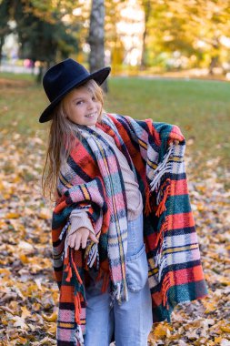 Sonbahar parkında siyah şapkalı ve ekose battaniyeli gülümseyen kız. Sıcak mevsim.