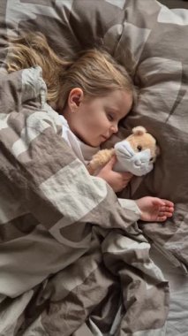 Küçük kız en sevdiği hamster oyuncağıyla yatağında uyuyor. İyi uykular, dinlen. .