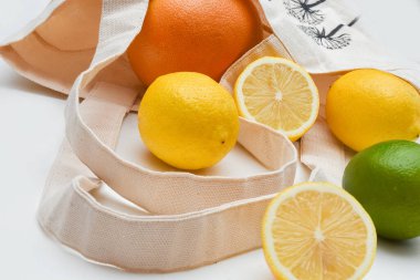 Beyaz arka planda, çevre dostu çantalarda turunçgil meyveleri. Sağlıklı gıda alışverişi limonu, portakal, limon, greyfurt. Yeniden kullanılabilir çantalar
