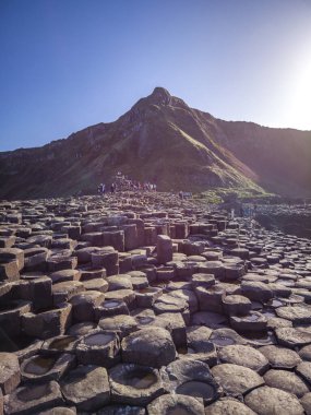 Birleşik Krallık, Kuzey İrlanda 'daki Bushmills' in Giants Causeway 'deki birbirine kenetlenmiş 40000 bazalt sütundan birkaçı.