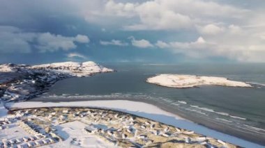 Aerial view of snow covered Portnoo in County Donegal, Ireland