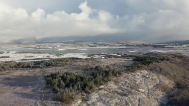 Aerial view of snow covered Bonny Glen by Portnoo in County Donegal, Ireland