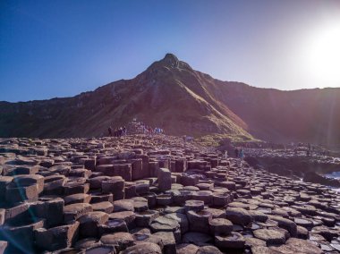 Birleşik Krallık, Kuzey İrlanda 'daki Bushmills' in Giants Causeway 'deki birbirine kenetlenmiş 40000 bazalt sütundan birkaçı.