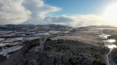 Aerial view of snow covered Bonny Glen by Portnoo in County Donegal, Ireland