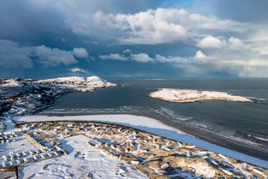 Aerial view of snow covered Portnoo in County Donegal, Ireland