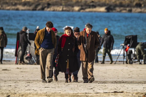 stock image PORTNOO, COUNTY DONEGAL, IRELAND - MARCH 07 2023 : For Letters of Love is being filmed at the beach, starring Pierce Brosnan,Gabriel Byrne,Helena Bonham Carter, Fionn O Shea,Ann Skelly.