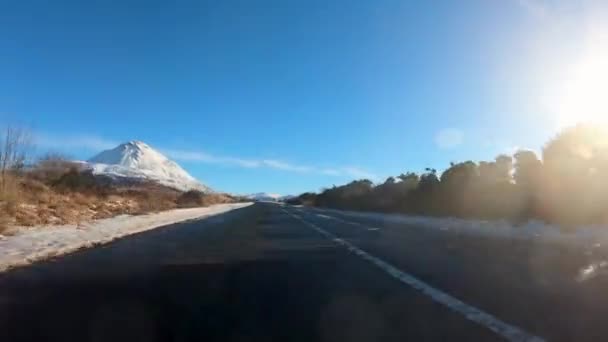 Driving R251 Snow Covered Mount Errigal Highest Mountain Donegal Ireland — Stock Video