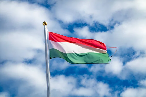 Hungarian flag or flag of Hungary waving in the wind.