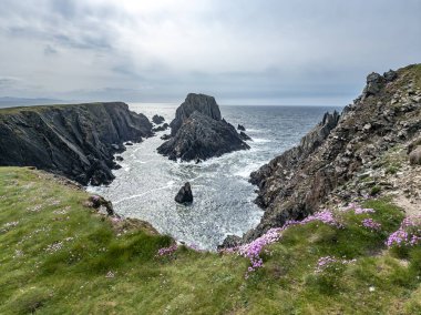 Malin Head 'deki deniz kayalıkları ve istifleri. İrlanda 'nın en kuzeyindeki nokta..