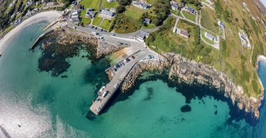 Aerial view of the pier Leabgarrow on Arranmore Island in County Donegal, Republic of Ireland.