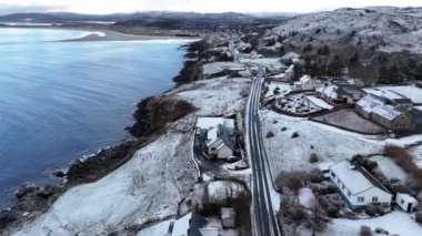 Aerial view of snow covered Portnoo in County Donegal, Ireland