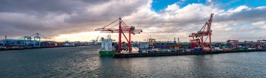 DUBLIN, İRELAND- Mart 03 2019: Dublin limanında çalışan konteynır vinçleri.