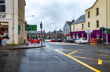 ENNISKILLEN, ULSTER, NORTHERN IRELAND - MARCH 03 2019 : The city is busy a couple of days before the Brexit. clipart