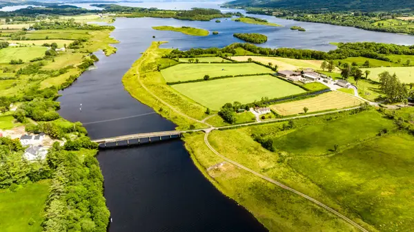 stock image Aerial view of the River Erne at Rosscor Bridge in Enniskillen, Northern Ireland.