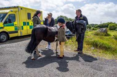 MEENACES, İKİNCİ DONEGAL, İRELAND - AĞUSTOS 04 2025: Brooke O Brien Meencross Tarım Fuarı 'nda atını fırçalıyor.