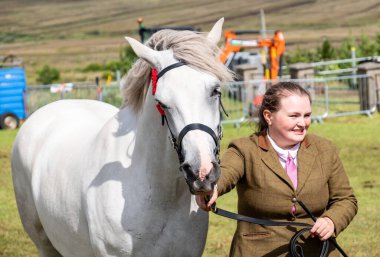 MEENACES, COUNTY DONEGAL, IRELAND - 4 AĞUSTOS 2025: Casey-Lee Hegarty ve takımı Meencross Tarım Fuarı 'nın en büyük midillisi ödülünü aldılar-