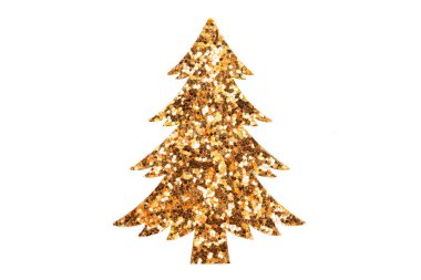 Beyaz arka planda izole edilmiş altın parıltısı Noel ağacı