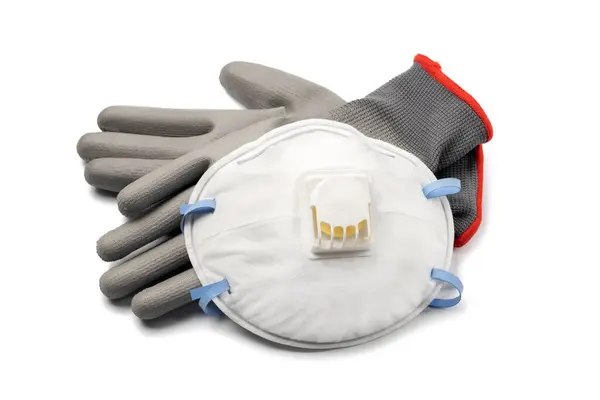 ホワイトで隔離されたゴムでダストマスクと作業手袋 パーソナル プロテクション ロイヤリティフリーのストック写真
