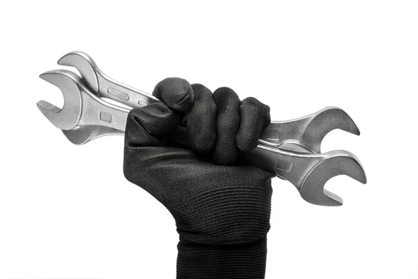 Ręka Mężczyzny Rękawicy Roboczej Trzyma Klucze Odizolowane Białym Tle — Zdjęcie stockowe