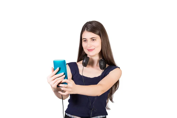 Positive Millennial Young Woman Headset Her Neck Looks Contented Takes — Stock Photo, Image