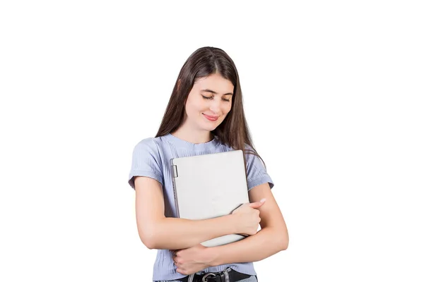 Tevreden Student Meisje Houden Haar Laptop Naar Borst Geïsoleerd Witte — Stockfoto