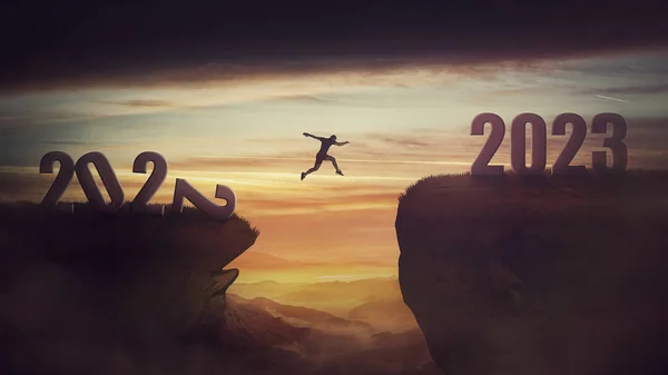 Homem Determinado Saltar Sobre Obstáculo Abismo Para Alcançar Novo 2023 — Fotografia de Stock