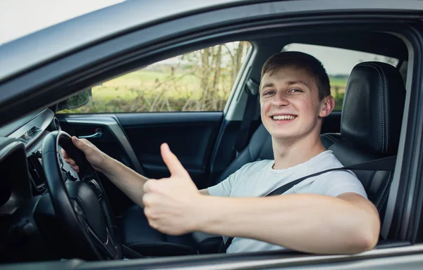Happy Proud Guy Shows Thumb Gesture Confident Driver Fasten Belt Stock Photo