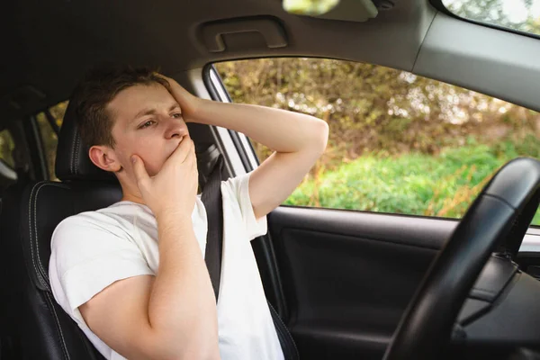 Stressed Bewildered Driver Pissed Keeps Hands Head Has Traffic Problems Лицензионные Стоковые Изображения