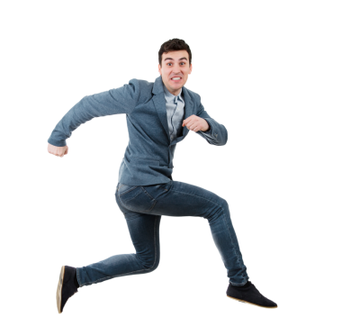 Uzun boylu iş adamı, komik ve korkutucu bir ifadeyle kameraya bakarak hayali bir engelin ya da uçurumun üzerinden atlıyor. Ticari zorlukların, risklerin ve cesaretin sembolü