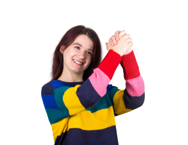 İki elini bir arada tutan mutlu bir kadın, şeffaf arka planda soyutlanmış birini cesaretlendirmek gibi birliktelik sembolü göstererek yükselir.