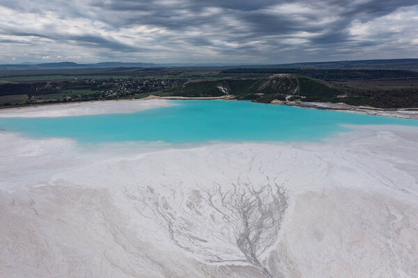 Aerial view of a tailings pond for waste from a chemical plant near to Devnya, Varna, Bulgaria