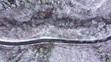 Dağda nehre yakın bir yol olan kışın havadan manzarası