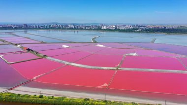 Bulgaristan 'ın Burgaz kenti yakınlarındaki renkli tuz buharlaştırma göletlerinin hava manzarası