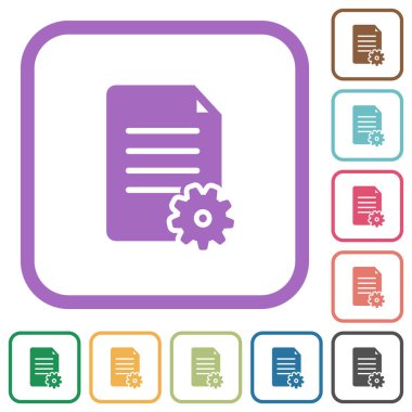 Beyaz arkaplan üzerinde doküman yapılandırması renkli yuvarlak kare çerçeveler içinde katı basit simgeler
