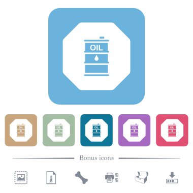 Sekizgen şeklindeki ham petrol yaptırım tabelaları, yuvarlak kare arka planlarda katı beyaz simgeler oluşturuyor. 6 bonus simgesi dahil