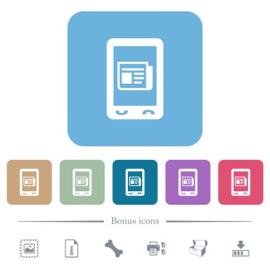 Mobil haber beyaz simgeleri renkli yuvarlak kare arka planlarda. 6 bonus simgesi dahil