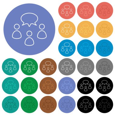 Three talking persons with oval bubble outline multi colored flat icons on round backgrounds. Included white, light and dark icon variations for hover and active status effects, and bonus shades.
