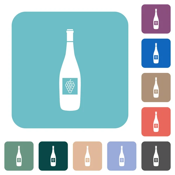 丸みを帯びた正方形の背景に白のフラットアイコンブドウとワインボトル — ストックベクタ