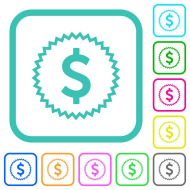 Amerikan Doları etiketi beyaz zemin üzerinde eğri kenarlarda canlı renkli düz simgeler oluşturur