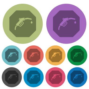 Sekizgen biçimli yakıt yaptırım işareti. Renkli yuvarlak arkaplanda daha koyu renkli düz simgeler.