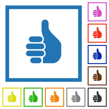 Sağ el, beyaz arkaplanda kare çerçeveli düz renk simgelerini yukarı başparmaklar