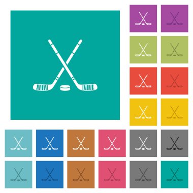 Hockey sticks with puck multi colored flat icons on plain square backgrounds. Included white and darker icon variations for hover or active effects.