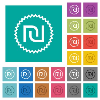 İsrail Yeni Shekel çıkartması düz arkaplanlarda çok renkli düz simgeler oluşturur. Uçan veya etkin efektler için beyaz ve koyu simge varyasyonları.